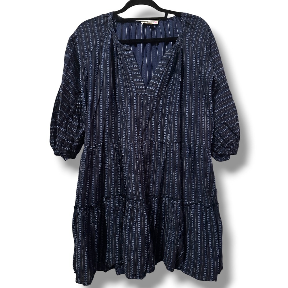 Lemlem by Liya Kebede Striped Tiered Ruffle Long Sleeve Mini Dress Navy Blue M